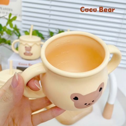 Cốc Tập Uống Nước Silicon Cao Cấp COCOBEAR Cho Bé Từ 6 Tháng Tuổi - Chức Năng Đẩy Tiện Lợi 250ml - Màu Xanh Dương Hình Mặt Khủng Long