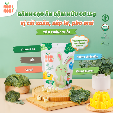 Thực Phẩm Bổ Sung Bánh Gạo Ăn Dặm Hữu Cơ Cho Bé Nobi Nobi Hình Thỏ Vị Cải Xoăn, Súp Lơ, Phô Mai 15g (Từ 8 tháng tuổi )
