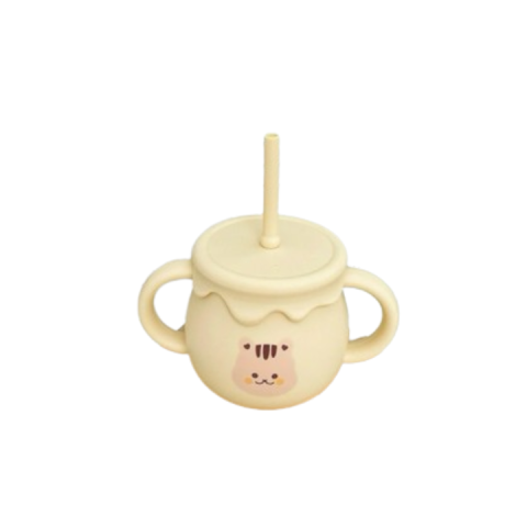 Cốc Tập Uống Nước Silicon Cao Cấp COCOBEAR Cho Bé Từ 6 Tháng Tuổi - Chức Năng Đẩy Tiện Lợi 250ml - Màu Be Hình Mặt Mèo