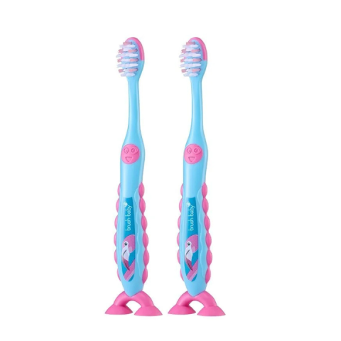 Bàn Chải Đánh Răng FLOSSBRUSH BRUSH- BABY UK Có Đế Hít Tiện Lợi - Chăm Sóc Răng Miệng Cho Bé 3-6 Tuổi - Hình Chim Hồng Ngọc FABIO