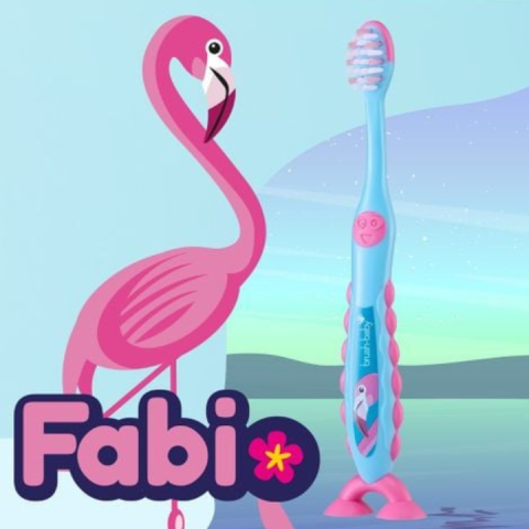 Bàn Chải Đánh Răng FLOSSBRUSH BRUSH- BABY UK Có Đế Hít Tiện Lợi - Chăm Sóc Răng Miệng Cho Bé 3-6 Tuổi - Hình Chim Hồng Ngọc FABIO