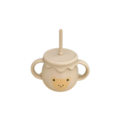 Cốc Tập Uống Nước Silicon Cao Cấp COCOBEAR Cho Bé Từ 6 Tháng Tuổi - Chức Năng Đẩy Tiện Lợi 250ml - Màu Be Hình Mặt Gấu Nâu