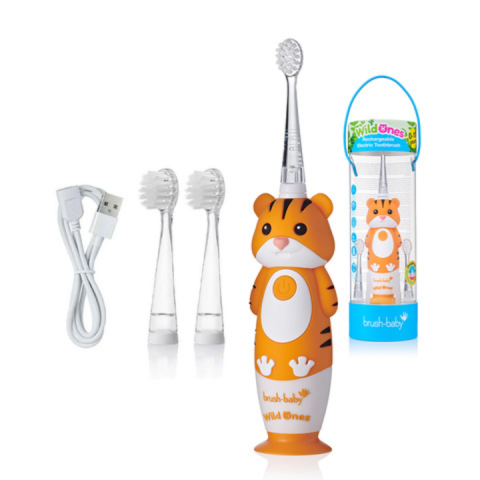Bàn Chải Điện Sóng Âm WildOnes BRUSH-BABY UK - 2 Chế Độ Làm Sạch Răng - Hình Hổ Vằn Cho Bé Từ 36M+