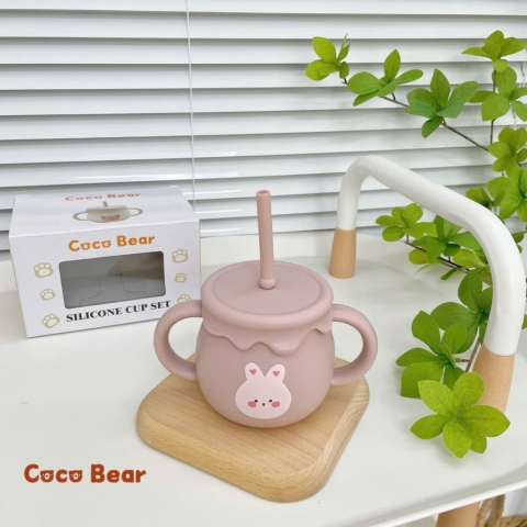 Cốc Tập Uống Nước Silicon Cao Cấp COCOBEAR Cho Bé Từ 6 Tháng Tuổi - Chức Năng Đẩy Tiện Lợi 250ml - Màu Hồng Hình Thỏ