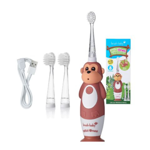 Bàn Chải Điện Sóng Âm WildOnes BRUSH-BABY UK - 2 Chế Độ Làm Sạch Răng - Hình Khỉ Nâu Cho Bé Từ 36M+ 