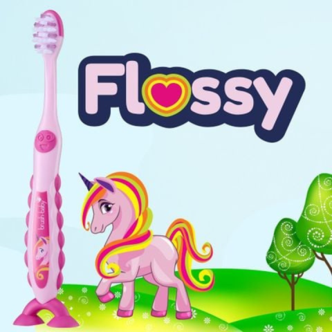 Bàn Chải Đánh Răng FLOSSBRUSH BRUSH- BABY UK Có Đế Hít Tiện Lợi - Chăm Sóc Răng Miệng Cho Bé 3-6 Tuổi - Hình Kỳ Lân FLOSSY