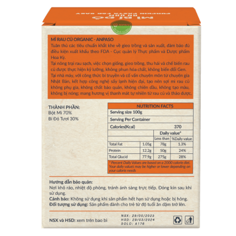 Mì Ăn Dặm ANPASO - Hộp 120g - Vị Bí Đỏ- Cho Bé Từ 6M 