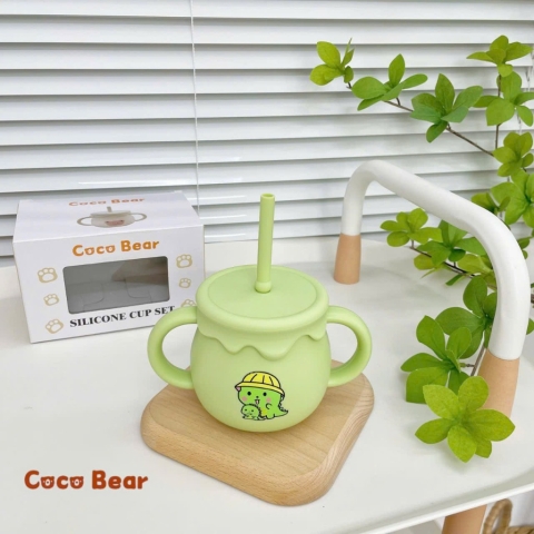 Cốc Tập Uống Nước Silicon Cao Cấp COCOBEAR Cho Bé Từ 6 Tháng Tuổi - Chức Năng Đẩy Tiện Lợi 250ml - Màu Xanh Hình Khủng Long
